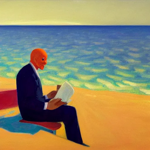 Image similar to a portrait painting of a man in a suit and a skull as his head sitting by the beach, 1 9 5 0 ad campaign, in the style of edward hopper, in the style of edward hopper and david hockney, 4 k,