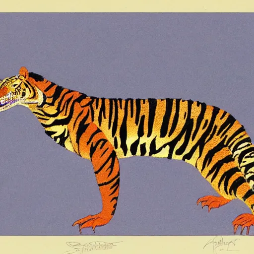 Image similar to a hybrid animal half crocodile and half tiger painting by moebius