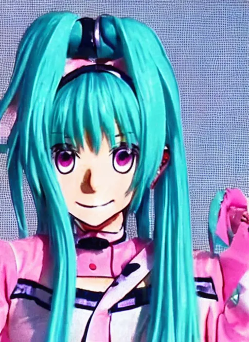 Prompt: highly realistic hatsune miku on vhs, 1 9 9 0, 9 0 s commerical