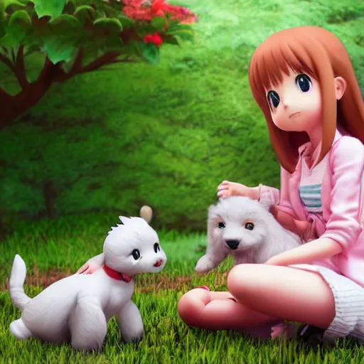 Image similar to Manga cover portrait of an extremely cute and adorable beautiful elated girl petting her new puppy, 3d render diorama by Hayao Miyazaki, official Studio Ghibli still, color graflex macro photograph, Pixiv, DAZ Studio 3D