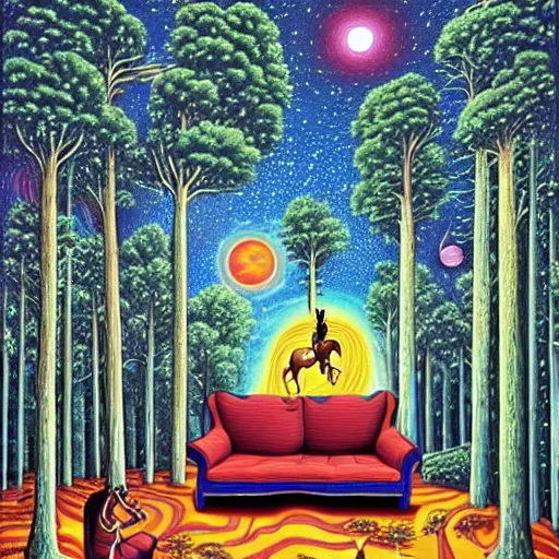 Prompt: psychedelic trippy horse pine forest, planets, milky way, sofa, cartoon by rob gonsalves