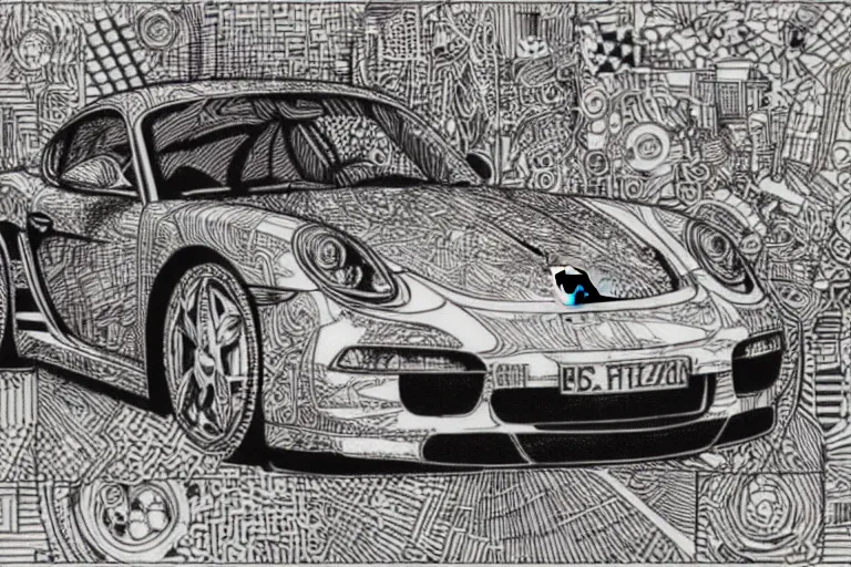 Image similar to a black and white drawing of a porsche cayman, a detailed mixed media collage by hiroki tsukuda and eduardo paolozzi and moebius, intricate linework, sketchbook psychedelic doodle comic drawing, geometric, street art, polycount, deconstructivism, matte drawing, academic art, constructivism