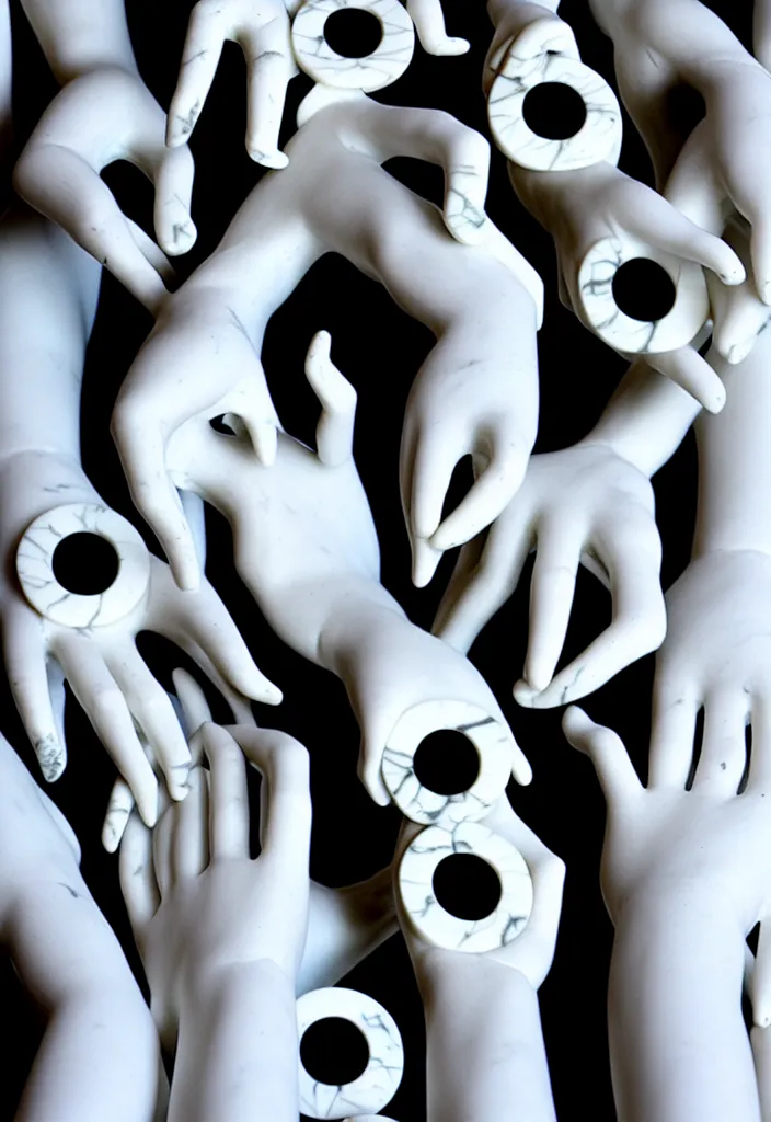 Image similar to a stack of hands carved from marble, little black circles