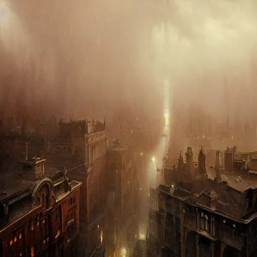 Image similar to Hyper detailed painting of a victorian city covered by dark fog, view from above, thunderstorm above, dark fantasy, by Greg Rutkowski