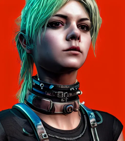 Prompt: detailed realistic female character cyberpunk wearing thick large collar around neck, realistic, art, beautiful, 4K, collar, choker, collar around neck, punk, artstation, detailed, female, woman, choker, cyberpunk, neon, punk, collar, choker, collar around neck, thick collar, tight around neck, punk,