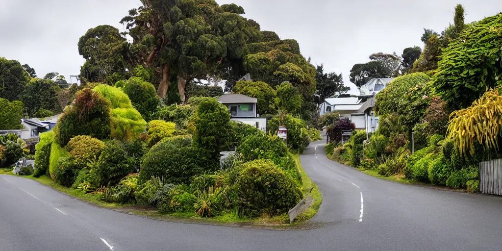 Image similar to a suburban street in wellington, new zealand. quaint cottages interspersed with an ancient remnant lowland podocarp broadleaf forest full of enormous trees with astelia epiphytes and vines. rimu, kahikatea, cabbage trees, manuka, tawa trees, rata. stormy windy day. landscape photography 4 k. stream in foreground