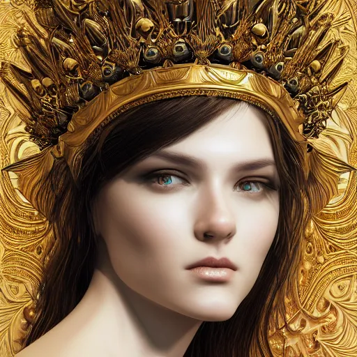 Image similar to a beautiful symmetrical head wearing a crown made of golden ornaments by alex gray and android jones , Karol Bak, Ayami Kojima, Amano , 3D, 8k resolution