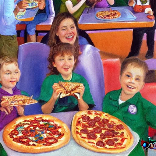 Image similar to a painting of chuck-e-cheese with kids eating pizza by monet