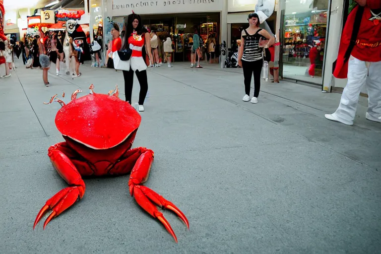 Prompt: a cosplayer cosplaying as a cute crab, in 2 0 0 2, at a mall, street style, royalcore, low - light photograph, photography by tyler mitchell