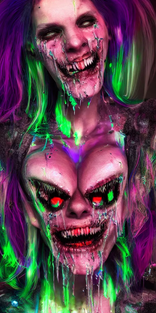 Image similar to impossibly beautiful vampire with large vampire fangs, full body, intricate complexity, horror, psychedelic glitch art, rainbow drip paint, trending on art station, photoreal, 8k, octane render