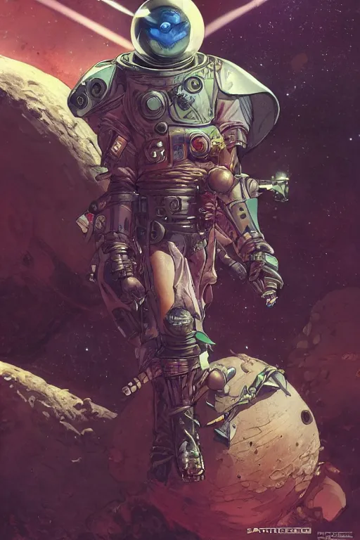 Prompt: Portrait of space pirate warrior near spaceship, metabaron, highly detailed, digital painting, artstation, concept art, smooth, sharp focus, illustration, art by Juan Giménez and moebius