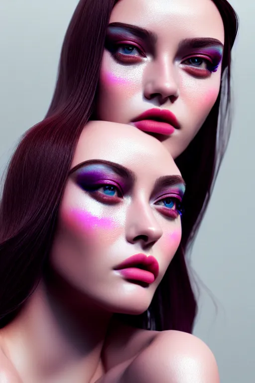 Image similar to beautiful female, attractive facial features, haze, model, intricate, symmetrical face, makeup, sephora, maybelline, studio, reflections, cinematic, filmic, vsco, concept art, artstation, elegant, model, gorgeous, vray, flim, octane render, ambient occlusion, prism details
