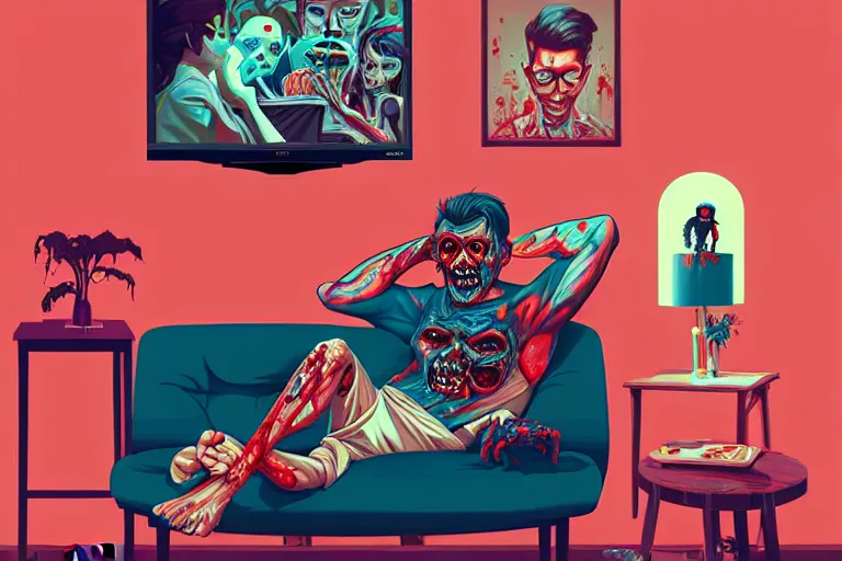 Image similar to a zombie dad sitting on the couch and watching tv, tristan eaton, victo ngai, artgerm, rhads, ross draws