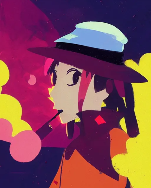 Image similar to girl with beret smoking a cigarette, colored manga panel, drawn by Anton Fadeev