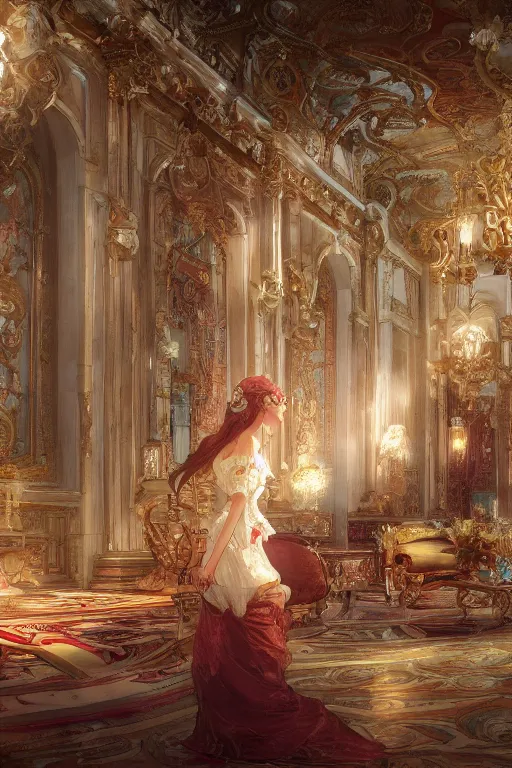 Image similar to Inside a beautiful Palace in the paradise by Krenz Cushart, Mucha, Rococó, trending on artstation, artstationHD, artstationHQ, 4k, 8k