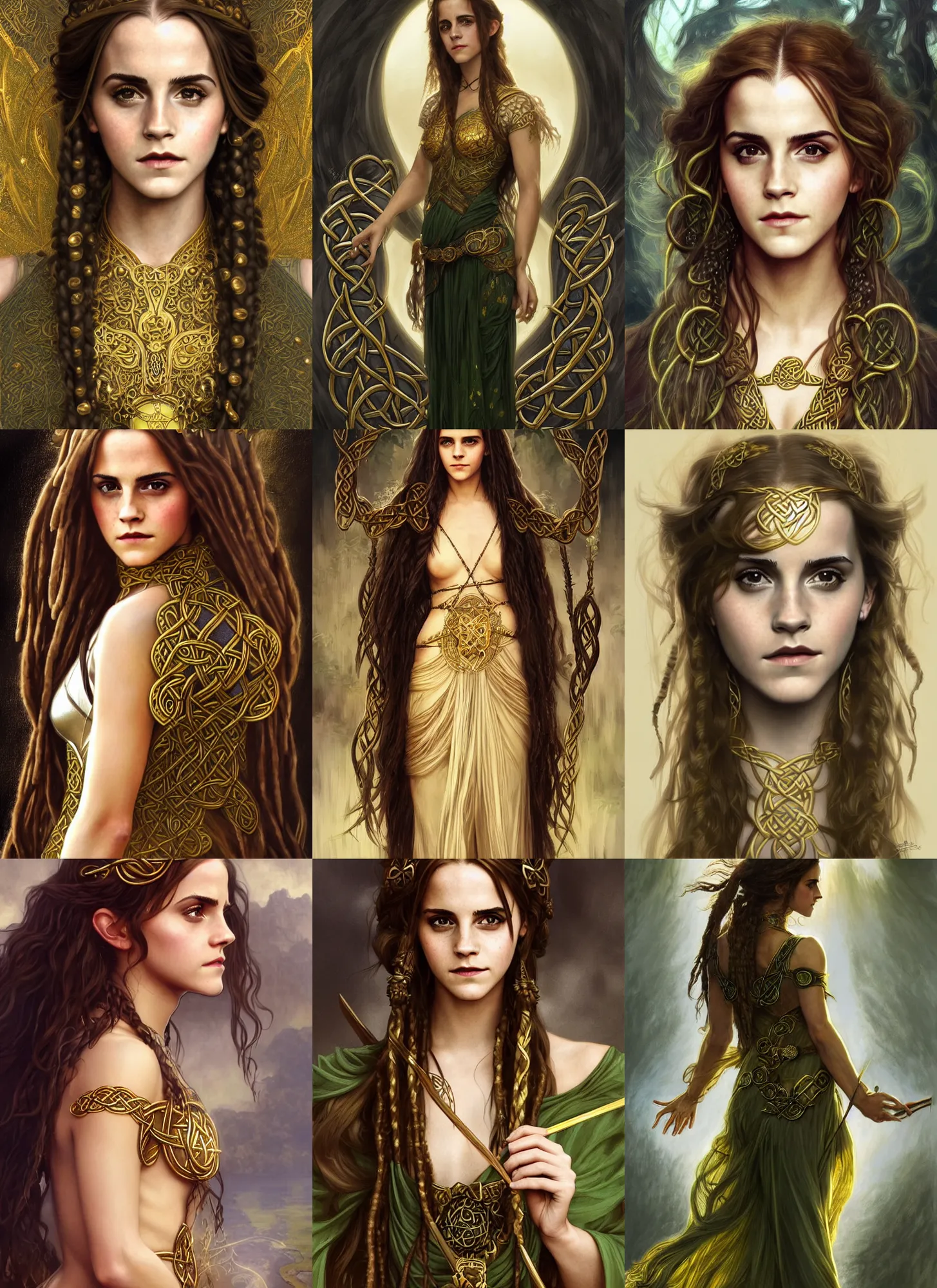 Prompt: emma watson as celtic druidess, long dreadlocks, olive skin, shiny gold background, intricate, elegant, highly detailed, digital painting, artstation, concept art, smooth, sharp focus, illustration, artgerm, mucha, bouguereau