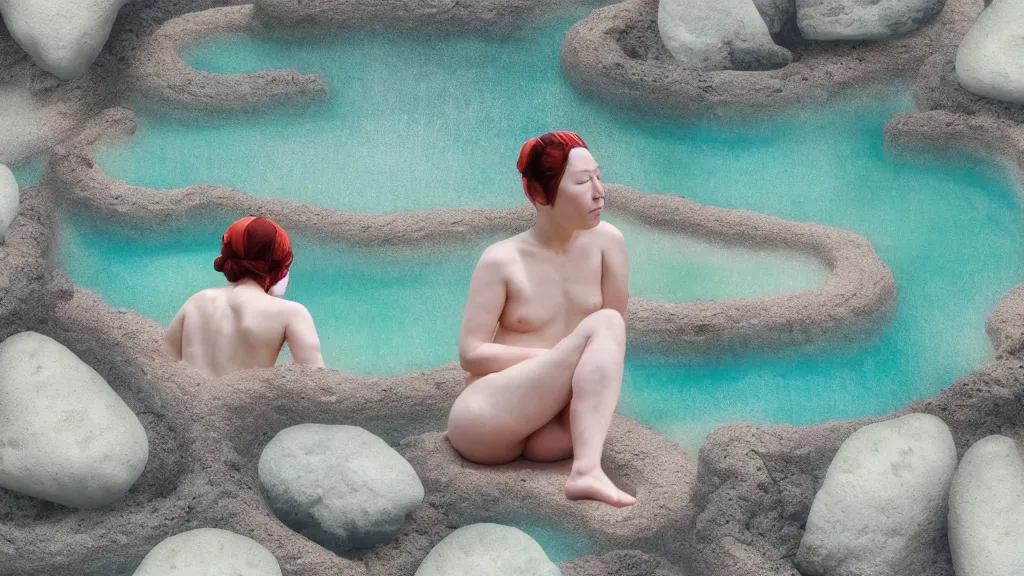 Image similar to a bather at a steaming natural hot spring in a nook of river stones, in an epic valley, japan, a collage painting, in the style of wes anderson, lola dupre, david hockney, isolated on negative white space background dark monochrome neon spraypaint accents volumetric octane render