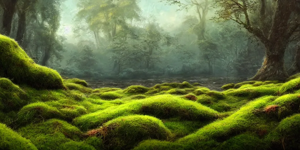 Prompt: gorgeous fields of moss landscape with glistening water in the background, landscape, beautiful, intricate details, highly detailed, sharp focus, concept art, digital painting, trending on artstation, still, screenshot, photo, photograph