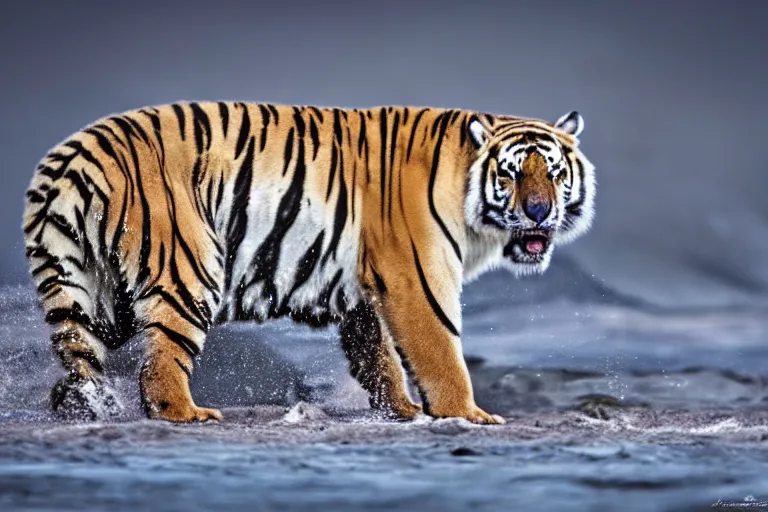 Image similar to a tiger polar bear!!! hybrid! hyper realistic!! realistic lighting!! wildlife photographer of the year!!! bold natural colors, national geographic, hd, wide angle, 8 k