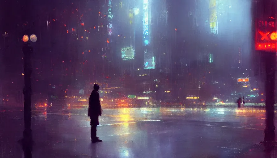 Prompt: a lonely man standing near a bus stop in a big city at night by craig mullins and ruan jia, atmospheric, vivid, masterpiece, bokeh