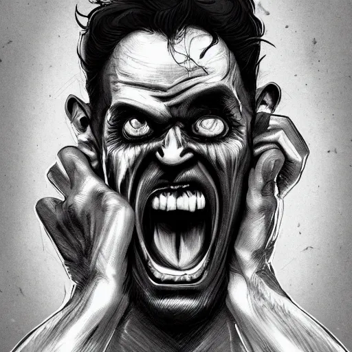 Image similar to his endless screaming makes his own mind eat him up, black and white, artstation, deviantart, pinterest, 8 k