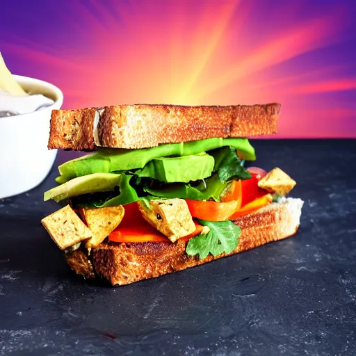 Prompt: sandwich with roasted tofu, also tomato, onion, avocado and cheddar, over a dish and over a table, sunset background with saturn in the sky, studio photo, amazing light