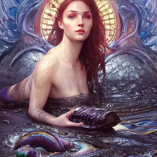 Image similar to a mermaid stuck in a giant puddle of motor oil, ultra realistic, concept art, intricate details, highly detailed, photorealistic, octane render, 8 k, unreal engine. art by artgerm and greg rutkowski and magali villeneuve and alphonse mucha