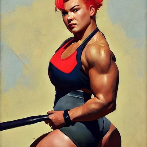 Prompt: greg manchess portrait of thick muscular weightlifter zarya from overwatch with ponytail and blonde hair, medium shot, asymmetrical, profile picture, organic painting, sunny day, matte painting, bold shapes, hard edges, street art, trending on artstation, by huang guangjian and gil elvgren and sachin teng