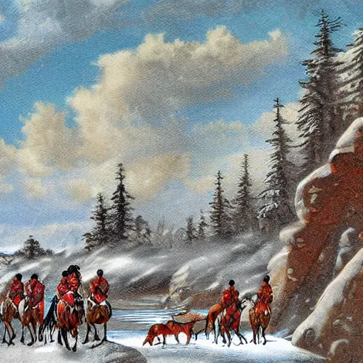 Prompt: digital art savage indians on the warpath riding horses through a rocky creek in the snow