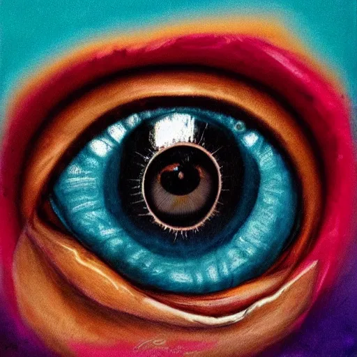 Image similar to a realistic shiny human eyeball in the middle of a dripping painted rose with a teal and black and blue and tan color scheme