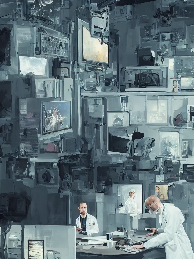 Image similar to a portrait of a researcher in a white coat in front of a computer and screens in a painting from stalenhag, 4 k, 8 k, hdr, artstation
