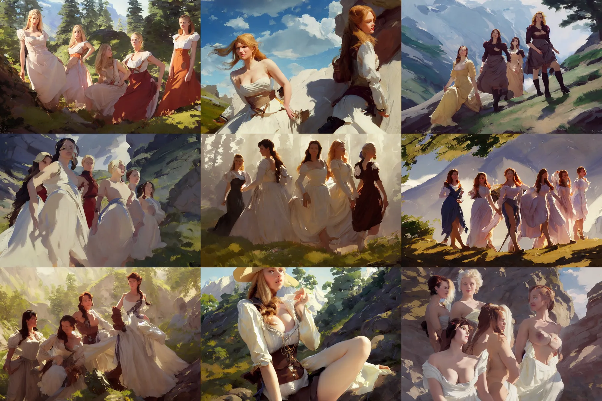 Image similar to five of beautiful finnish norwegian swedish scandinavian attractive glamour models wearing 1 7 th century bodice with low neckline walking in the mountains in a sunny day, jodhpurs greg manchess painting by sargent and leyendecker, studio ghibli fantasy close - up shot asymmetrical intricate elegant matte painting illustration hearthstone, by greg rutkowski by greg tocchini by james gilleard