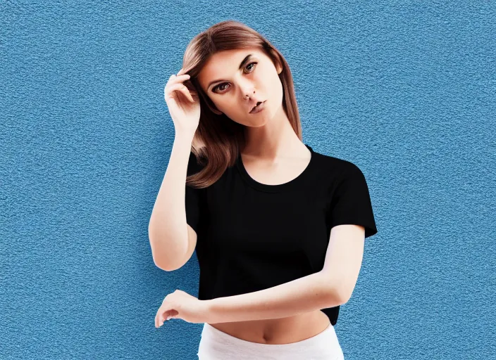 Image similar to clear photorealistic mockup product photograph of a blank black tshirt on an attractive female model in front of a lively street background