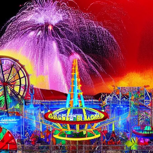 Prompt: a theme park in pre historic earth, erupting volcano, ferris wheel, lights, carnival, digital art by colby bryant