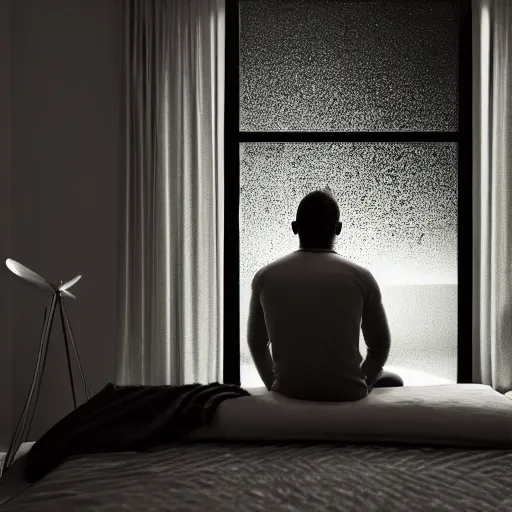 Image similar to a man looking out a window while sitting on a bed in a dark room inside another person's head and it is raining heavily outside cinematic photorealistic 8k octane render exquisite detail