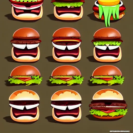 Image similar to a burger monster with a hamburger head, hamburger monster, burger face, burger with human eyes, burger with human mouth, teeth, very detailed eyes, french fries as arms, character concept art, fantasy, intricate, fantasy drawing, illustration, highly detailed, hyperrealistic, cgsociety, artstation, oil painting by greg rutkowski, by artgerm