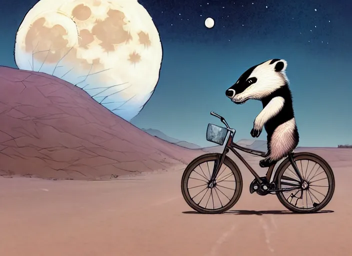 Image similar to a cell shaded cartoon badger riding a bicycle, with a big head, on a desert road, wide shot, in front of a big moon, muted colors, post grunge, josan gonzales, wlop, by james jean, victor ngai, hq, deviantart, art by artgerm