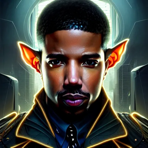 Image similar to portrait painting of a cyberpunk corporate boss elven michael b. jordan, ultra realistic, concept art, intricate details, eerie, highly detailed, photorealistic, octane render, 8 k, unreal engine. art by artgerm and greg rutkowski and charlie bowater and magali villeneuve and alphonse mucha