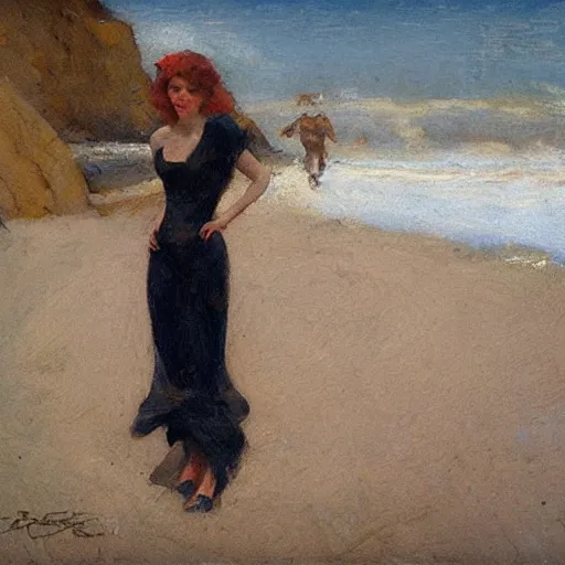 Prompt: woman on the beach, dean cornwell style