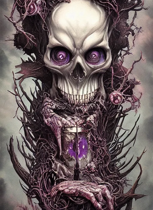 Prompt: Cheshire Cat Death Tarot card,highly detailed,half skull face,cinematic,8k,by Stanley Artgermm,Tom Bagshaw,Greg Rutkowski,Carne Griffiths, Ayami Kojima, Beksinski, Giger,trending on DeviantArt,hyper detailed,horror, full of colour