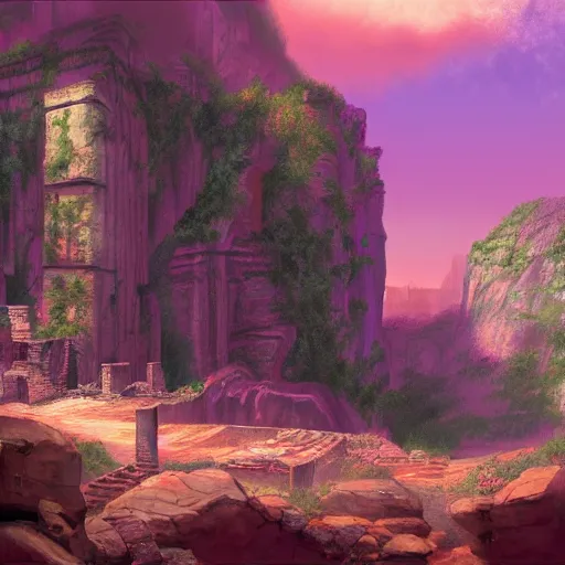 Image similar to ancient ruins in a canyon, retrowave epic art, trending on art station