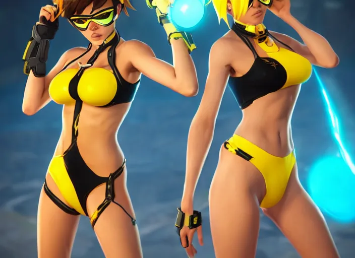 Image similar to tracer game character, in yellow bikini thong yellow, blonde hair, black eyes, full height