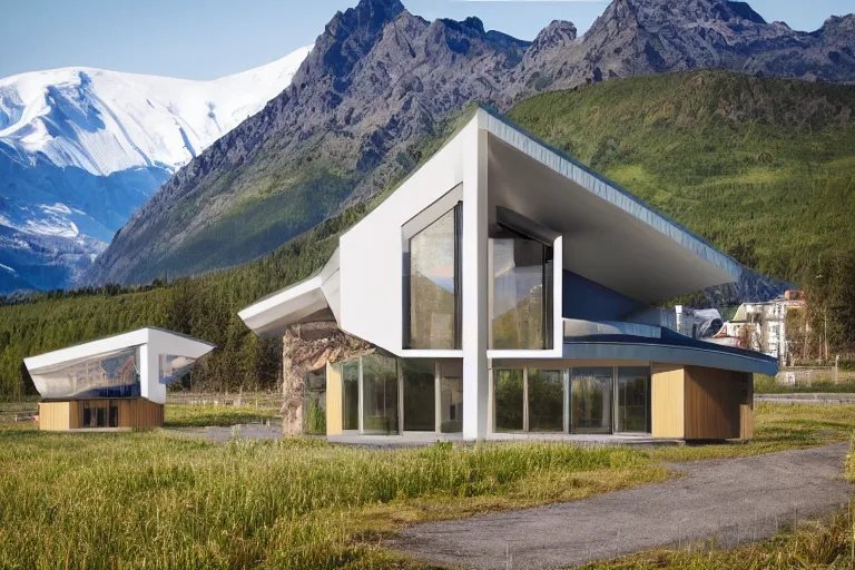 Image similar to architecture photo modern fachwerk house cottage settlement with Elbrus mountain on the background, architecture, high-tech technology, futuristic ecocity, photorealism 8k , high details