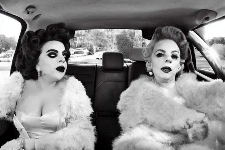 Image similar to lady gaga and judy garland doing carpool karaoke, lady gaga and judy garland, carpool karaoke, lady gaga, judy garland, carpool karaoke, youtube video screenshot, the late late show with james corden