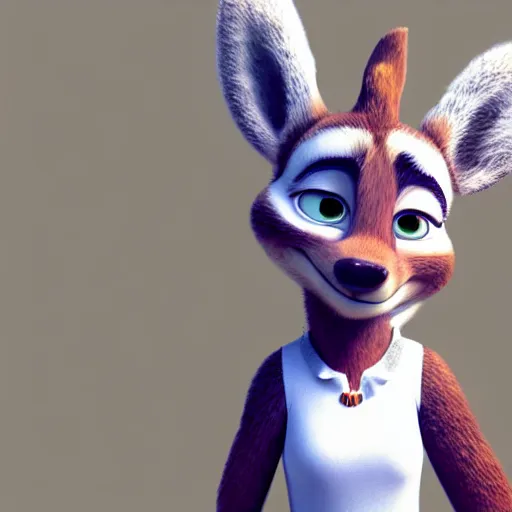 Image similar to portrait, 3 d render, tall slightly chubby anthropomorphic female deer, wearing along long white dress, in the style of zootopia,
