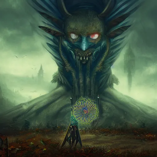 Image similar to scary , epic , Post-processing , low angle , Greg rutkowski legendary matte painting , masterpiece , 8K centered headshot Portrait of a psychedelic godlike mothman posing with a cigar with giant mandala wings smoking a hand-rolled cigarette smoking heavily , magic mushroom village in background , post-processing , award winning. superb resolution. in the art style of Satoshi Kon and Greg Rutkowski , Detailed Mushroom city in background , Hyper realistic anime , Perfect art , Dalle2