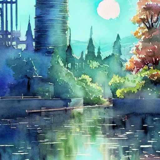 Image similar to Beautiful happy picturesque charming sci-fi town in harmony with nature. Beautiful light. Water and plants. Nice colour scheme, soft warm colour. Beautiful artistic watercolor by Lurid. (2022)