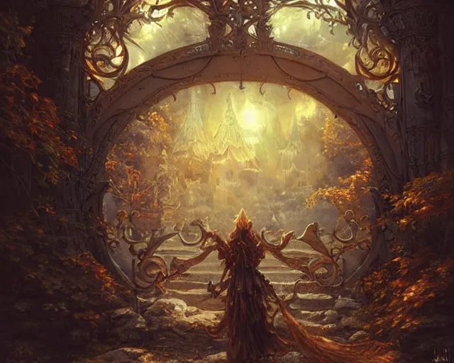 Image similar to large rustic intricately decorated wood gate, a view to an eerie fantasy world, glowing sphere, ethereal back light, mist, coherent composition, detailed fantasy painting by artgerm, noriyoshi ohrai, yuumei