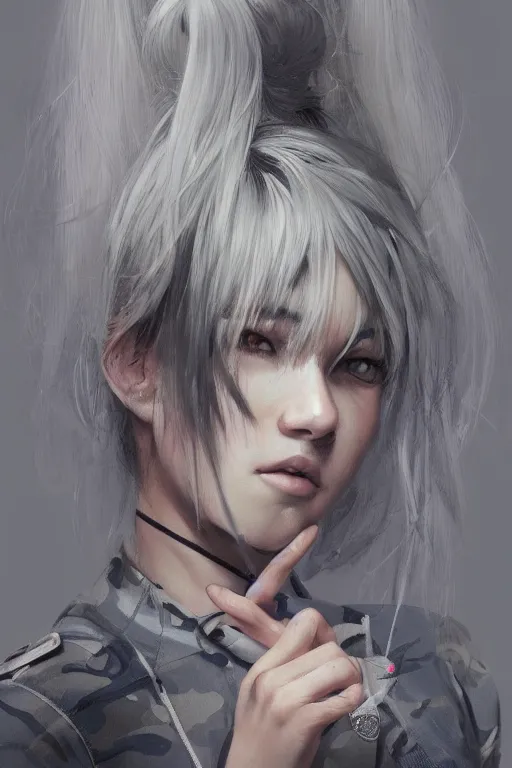 Prompt: girl, silver hair ponytail, multicam (((camo))), posing, ((trending on artstation)), beautiful face, cinematic full body shot, ilustration by Takehiko Inoue (((and Yoann Lossel)))