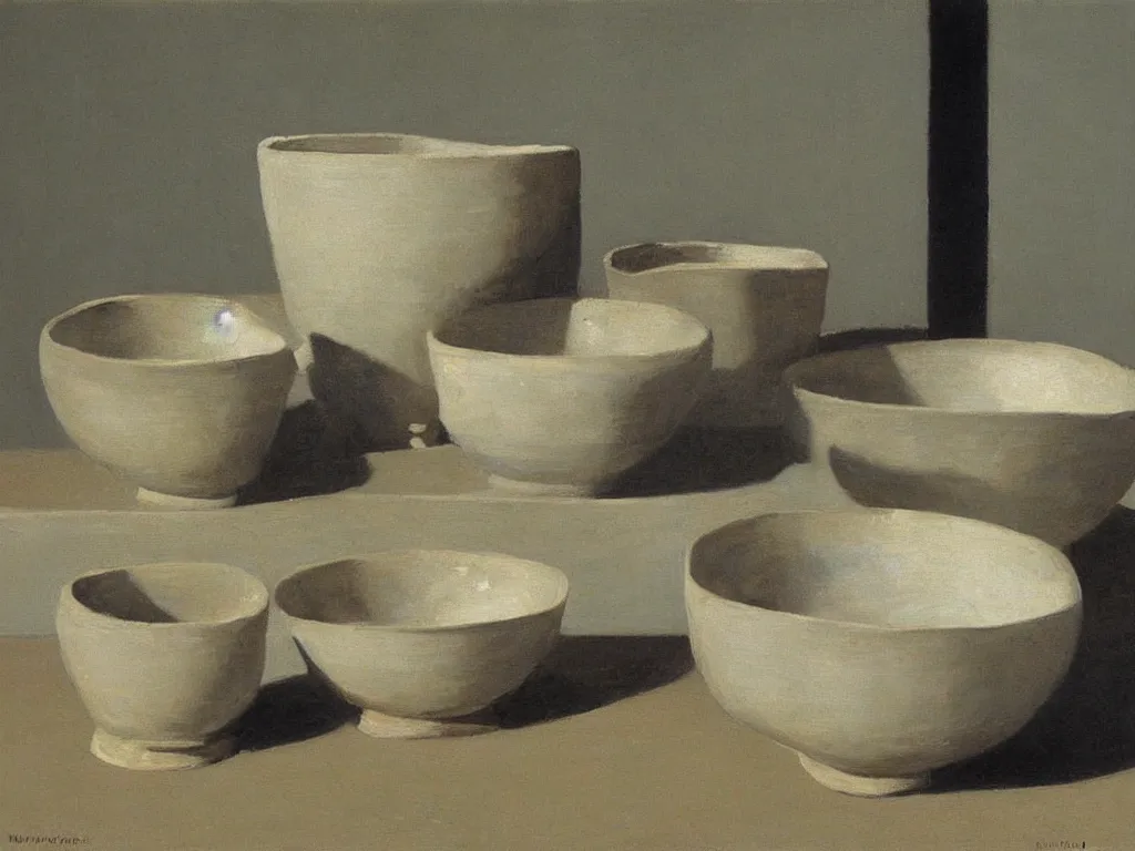 Image similar to ceramic bowls, sculptures catching water from the rain. Painting by Morandi